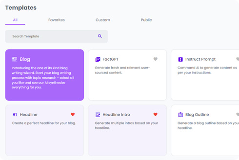 Template selection dashboard